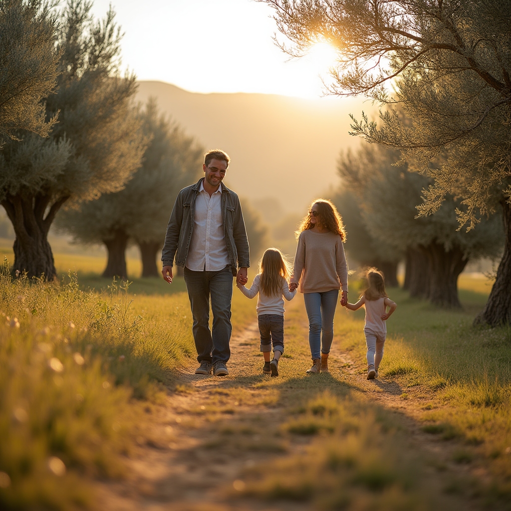 Famiglia che cammina tra gli ulivi durante una visita didattica in fattoria in Umbria