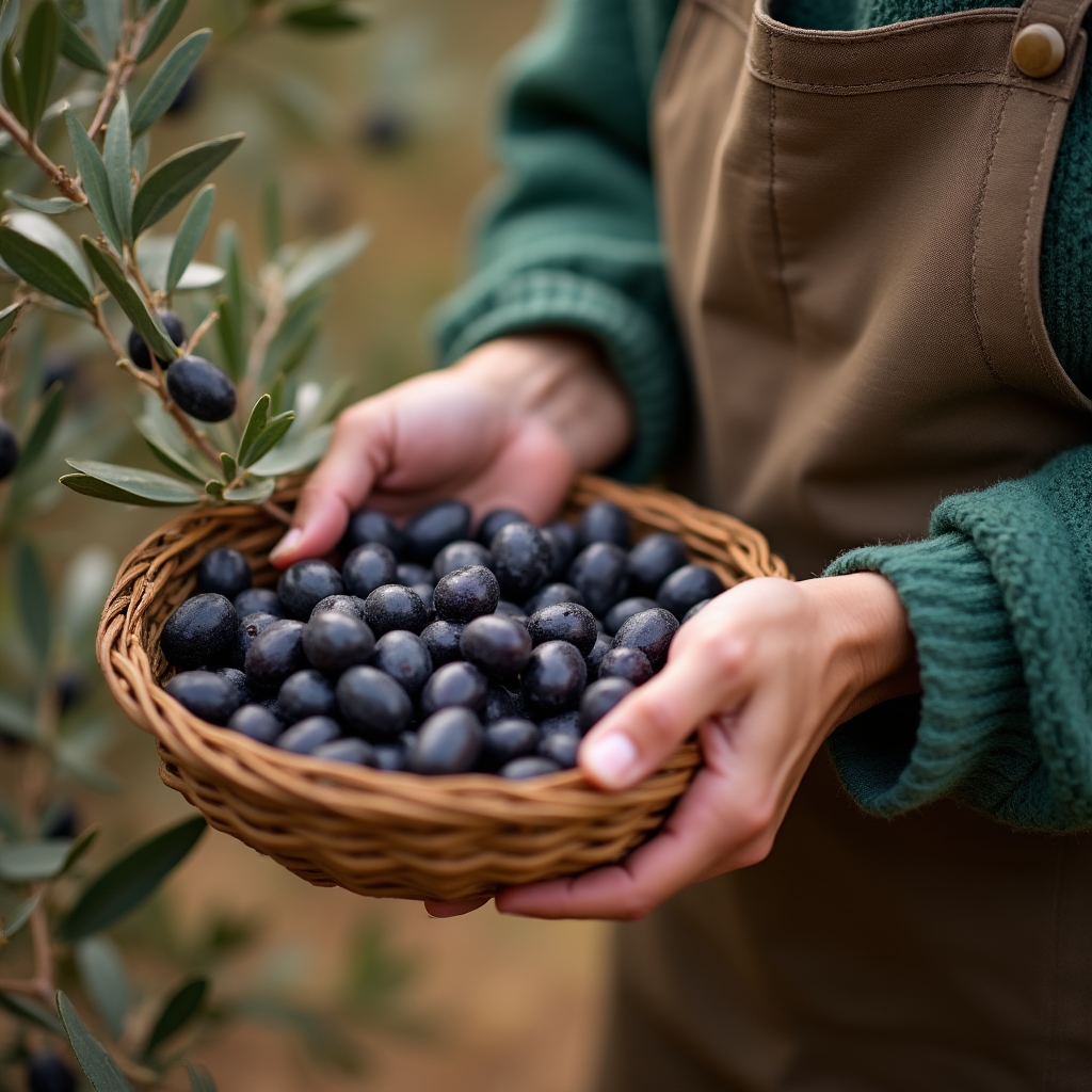 Mani che raccolgono le olive in una cesta durante la stagione autunnale