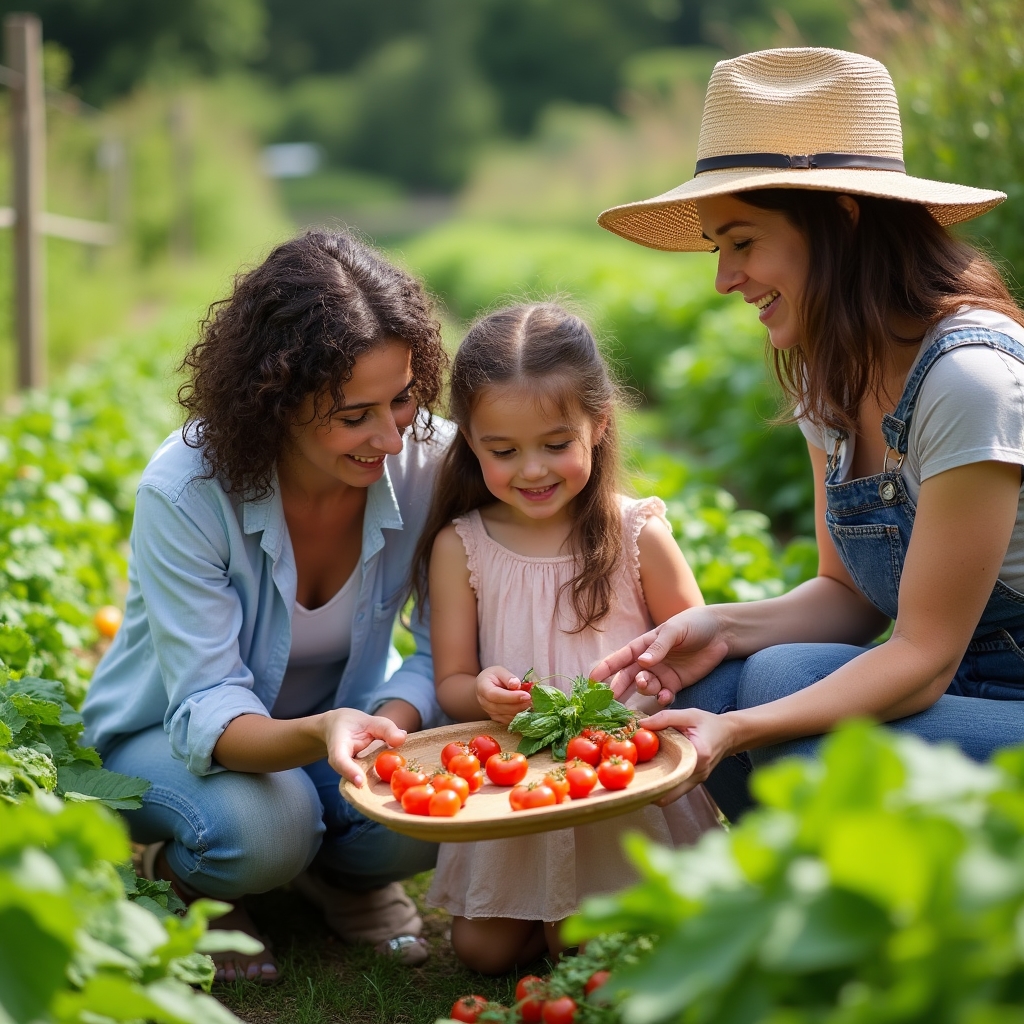 Bambini che osservano le verdure coltivate nell'orto biologico della fattoria