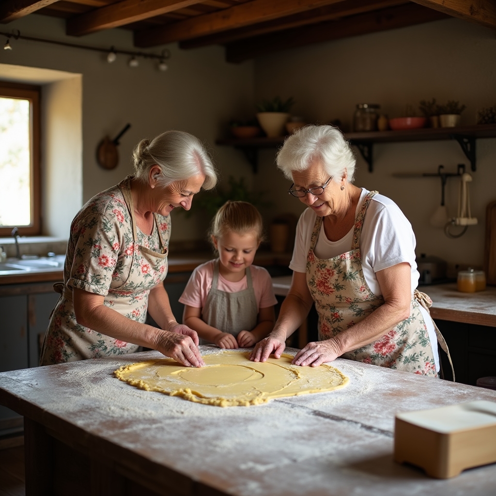 Nonna del borgo che stende la sfoglia di pasta fresca con il mattarello
